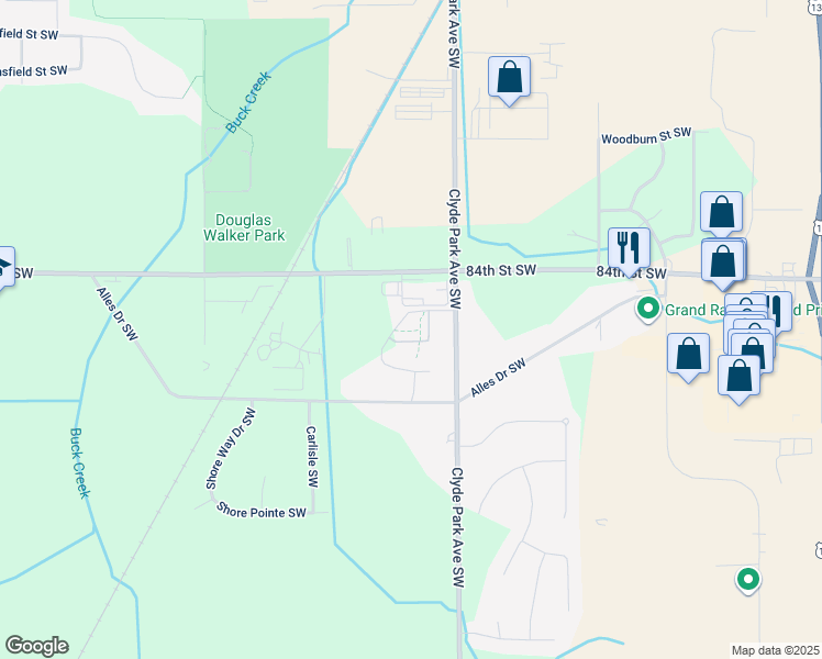map of restaurants, bars, coffee shops, grocery stores, and more near 8485 East Center Park Drive in Byron Center