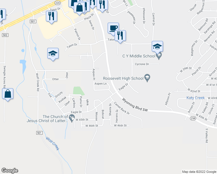 map of restaurants, bars, coffee shops, grocery stores, and more near 3850 Sweetbrier Street in Casper