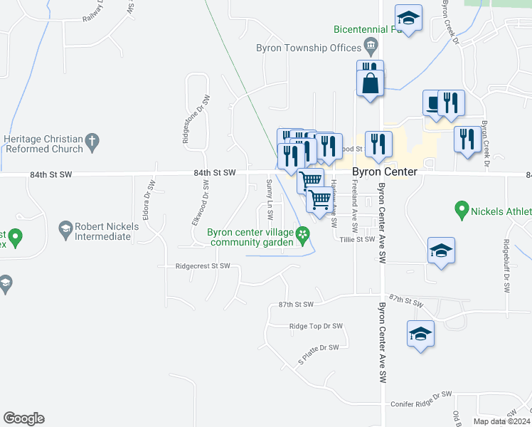 map of restaurants, bars, coffee shops, grocery stores, and more near 8503 Sunny Lane Southwest in Byron Center