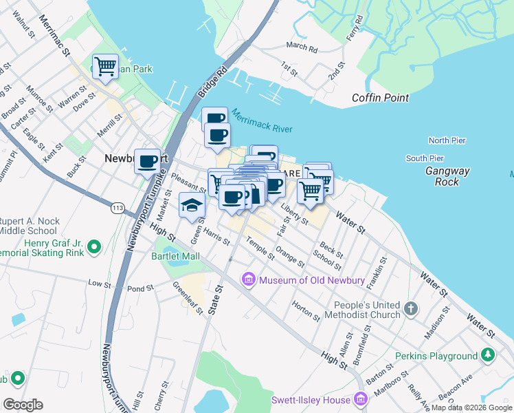 map of restaurants, bars, coffee shops, grocery stores, and more near 40 Middle Street in Newburyport