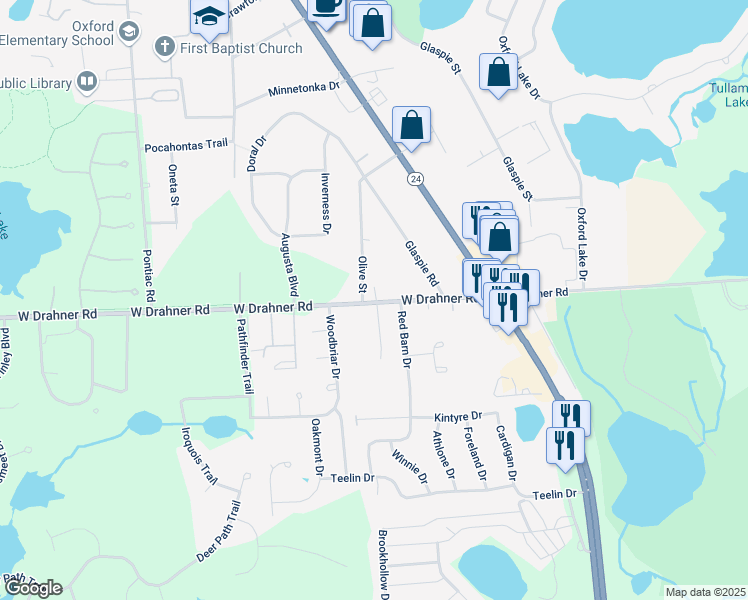 map of restaurants, bars, coffee shops, grocery stores, and more near 267 West Drahner Road in Oakland County
