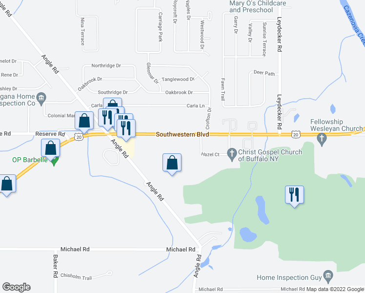 map of restaurants, bars, coffee shops, grocery stores, and more near 2268 Southwestern Boulevard in Buffalo