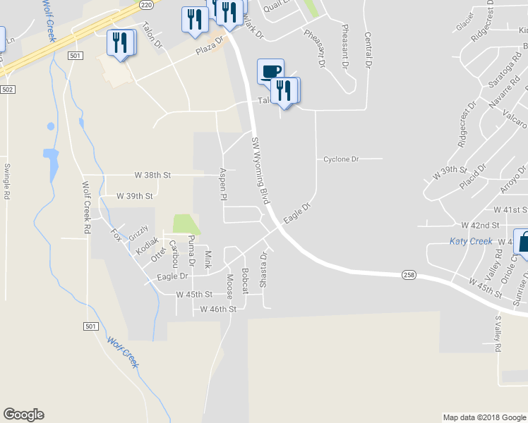map of restaurants, bars, coffee shops, grocery stores, and more near 3855 Sweetbriar Street in Casper