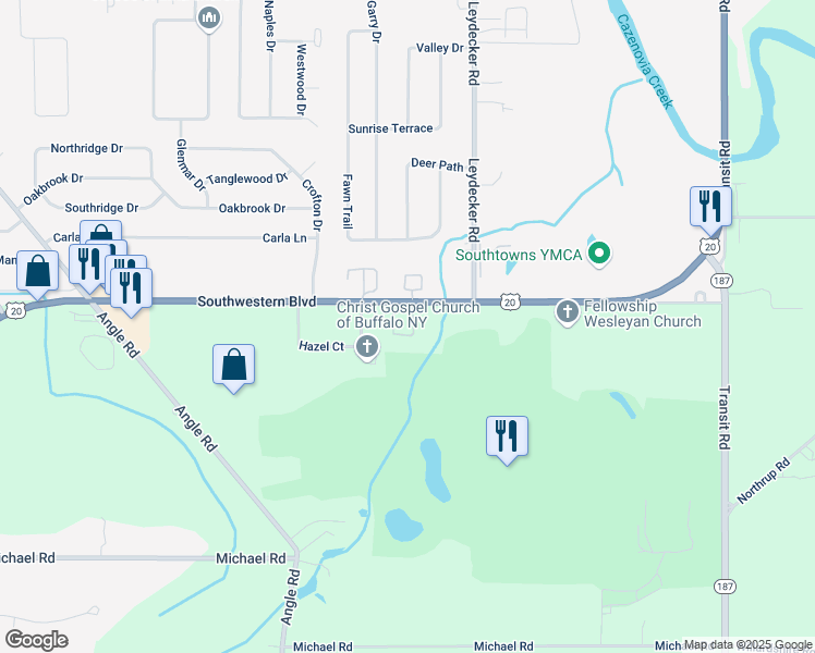 map of restaurants, bars, coffee shops, grocery stores, and more near 2336 Southwestern Boulevard in Buffalo