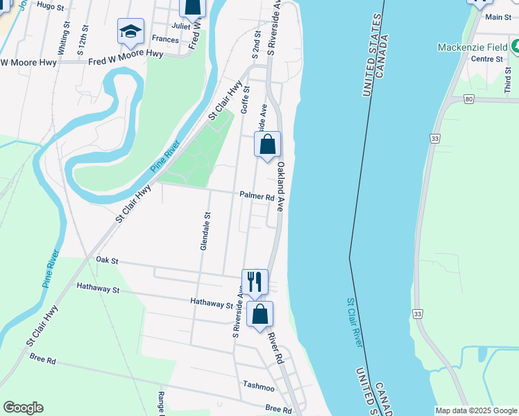 map of restaurants, bars, coffee shops, grocery stores, and more near 1519 South Riverside Avenue in Saint Clair