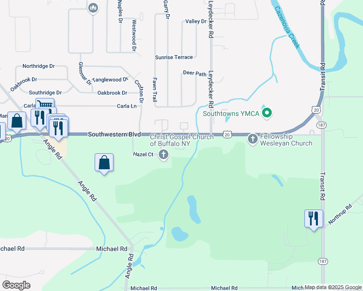 map of restaurants, bars, coffee shops, grocery stores, and more near 2336 Southwestern Boulevard in Buffalo