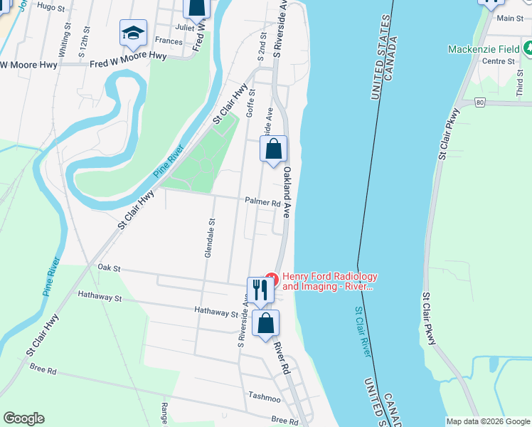 map of restaurants, bars, coffee shops, grocery stores, and more near 1519 South Riverside Avenue in Saint Clair