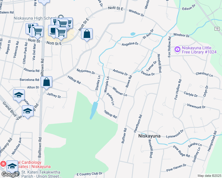 map of restaurants, bars, coffee shops, grocery stores, and more near 2509 Peters Lane in Schenectady County