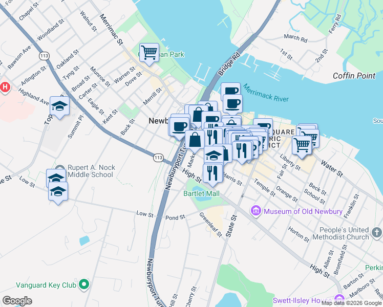 map of restaurants, bars, coffee shops, grocery stores, and more near 9 Washington Street in Newburyport