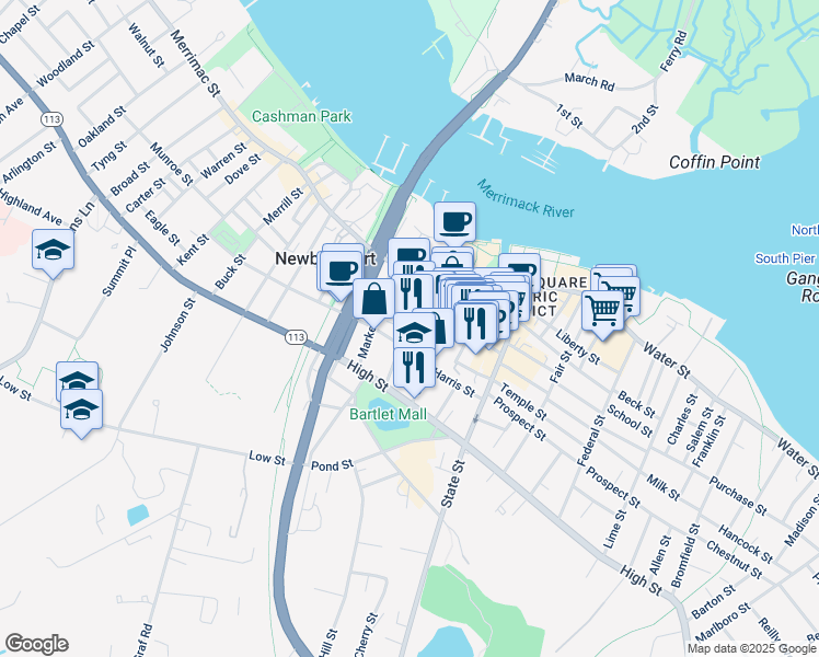 map of restaurants, bars, coffee shops, grocery stores, and more near 2 Washington Street in Newburyport