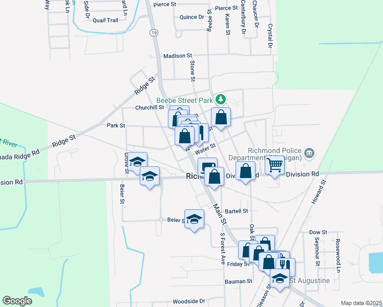 map of restaurants, bars, coffee shops, grocery stores, and more near 69206 Main Street in Richmond