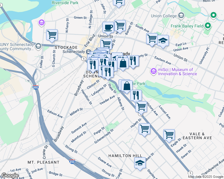 map of restaurants, bars, coffee shops, grocery stores, and more near State Street in Schenectady