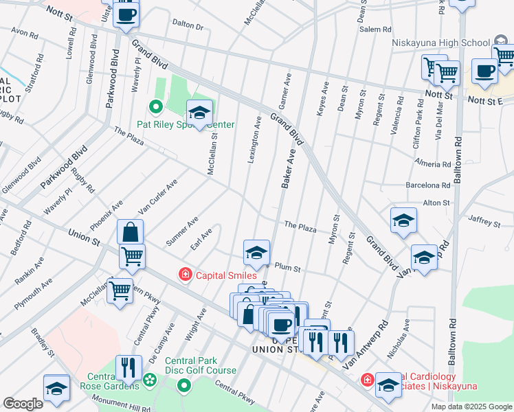 map of restaurants, bars, coffee shops, grocery stores, and more near 1211 Garner Avenue in Schenectady