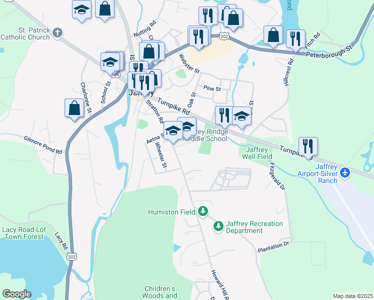 map of restaurants, bars, coffee shops, grocery stores, and more near 75 Stratton Road in Jaffrey