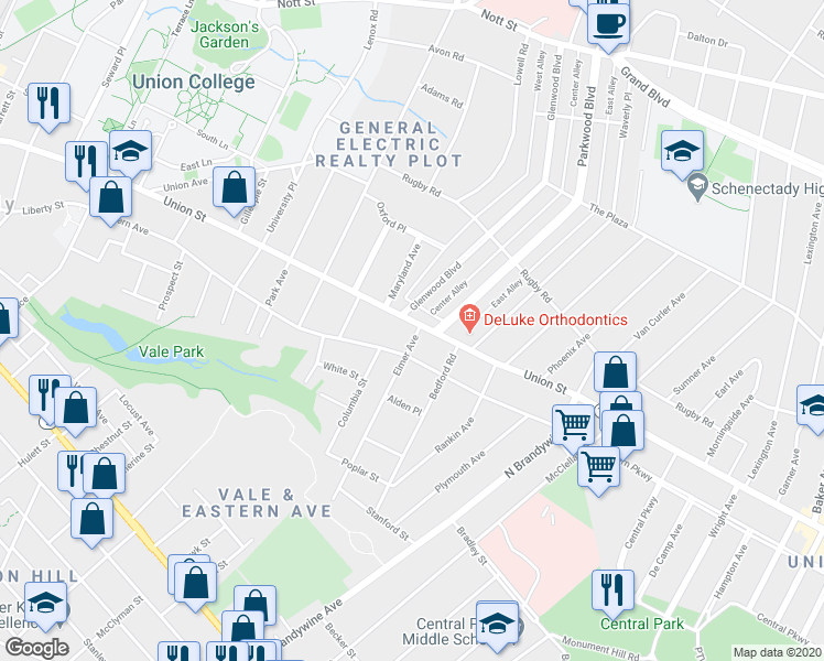 map of restaurants, bars, coffee shops, grocery stores, and more near 1028 Eastern Avenue in Schenectady