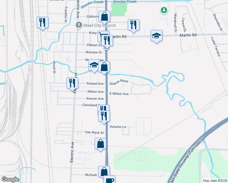 map of restaurants, bars, coffee shops, grocery stores, and more near 3298 South Park Avenue in Buffalo