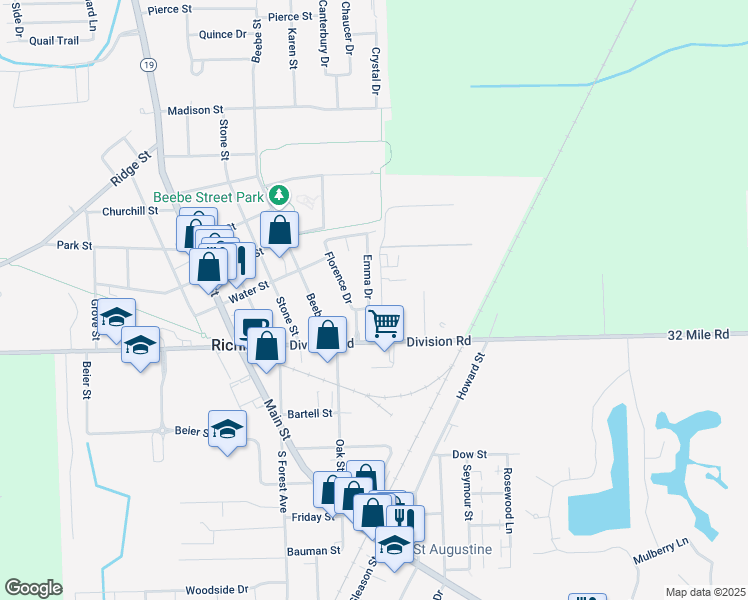 map of restaurants, bars, coffee shops, grocery stores, and more near 36501 Division Road in Richmond