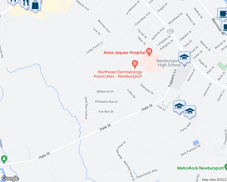 map of restaurants, bars, coffee shops, grocery stores, and more near 6 Wildwood Drive in Newburyport