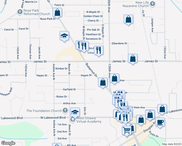 map of restaurants, bars, coffee shops, grocery stores, and more near 428 Butternut Drive in Holland