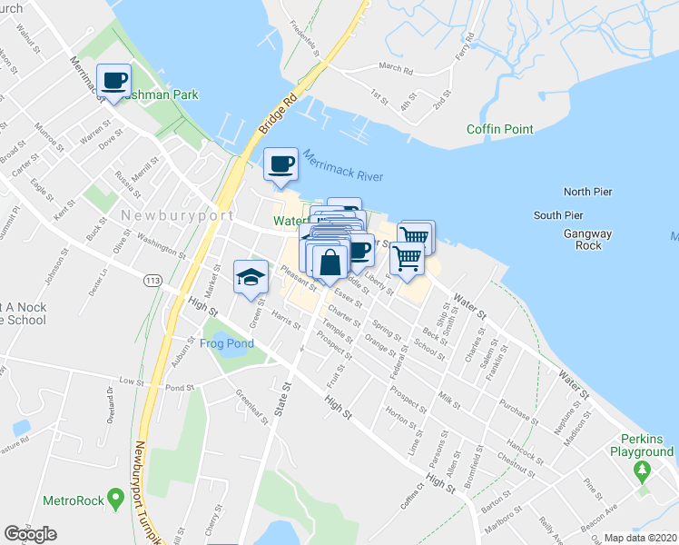 map of restaurants, bars, coffee shops, grocery stores, and more near 40 Middle Street in Newburyport