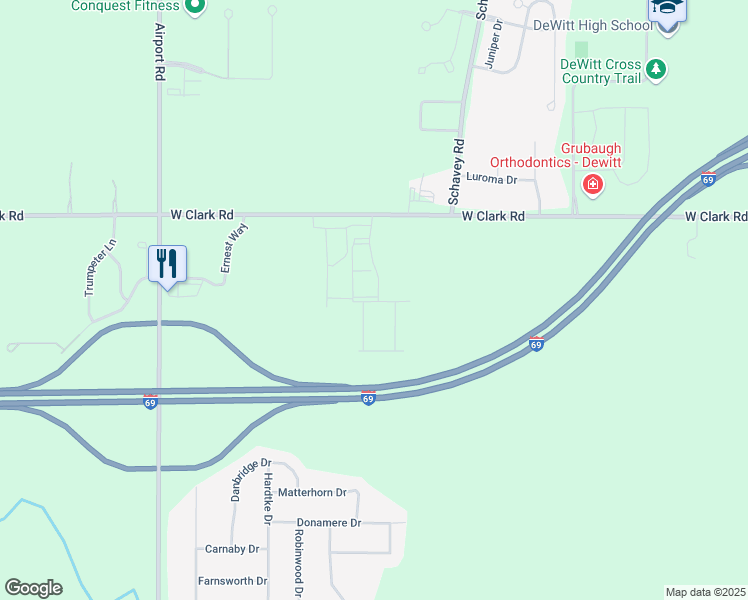 map of restaurants, bars, coffee shops, grocery stores, and more near 3505 West Clark Road in Lansing