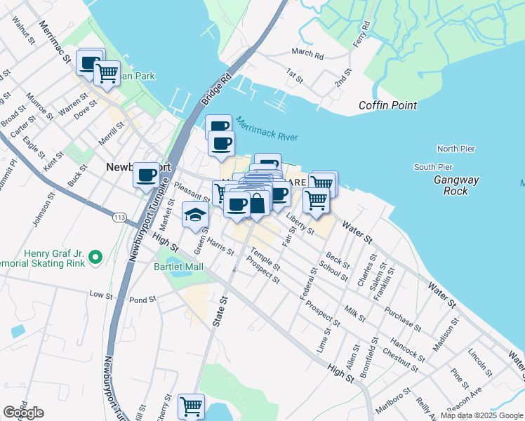 map of restaurants, bars, coffee shops, grocery stores, and more near 15 State Street in Newburyport