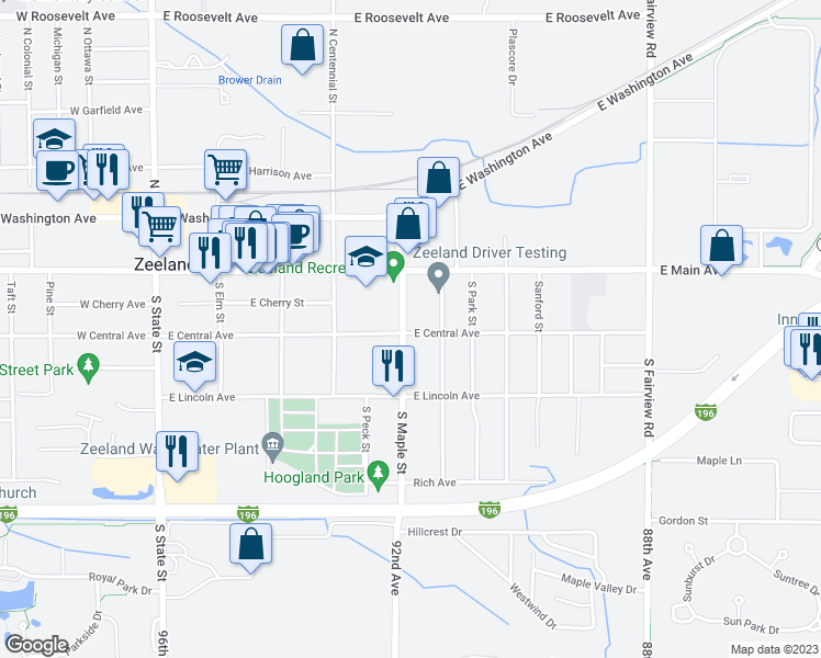 map of restaurants, bars, coffee shops, grocery stores, and more near 59 South Maple Street in Zeeland