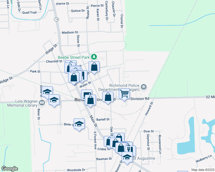 map of restaurants, bars, coffee shops, grocery stores, and more near 69068 Beebe Street in Richmond