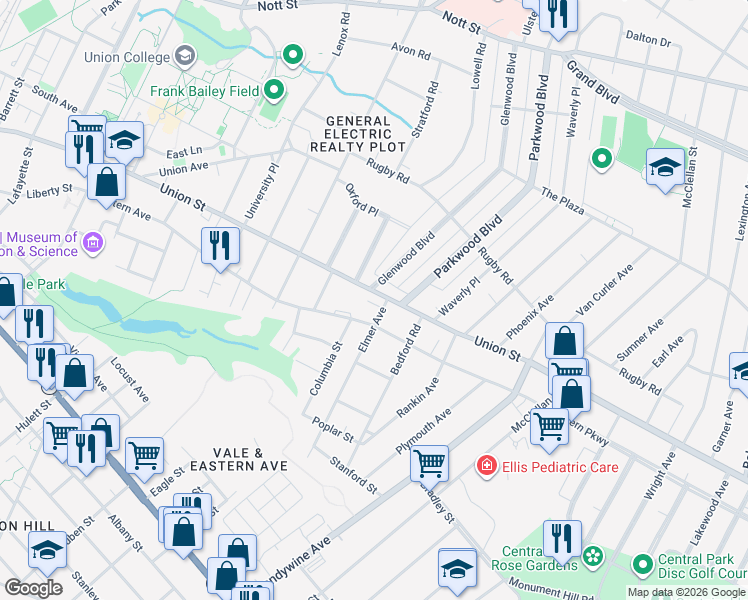 map of restaurants, bars, coffee shops, grocery stores, and more near 1236 Union Street in Schenectady
