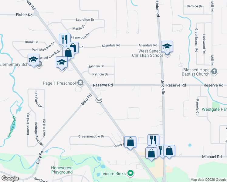map of restaurants, bars, coffee shops, grocery stores, and more near 1582 Orchard Park Road in Buffalo