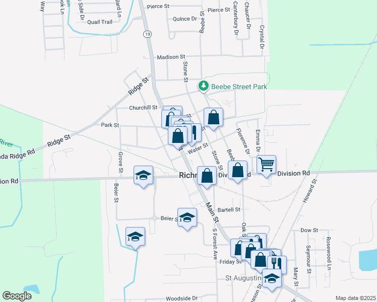 map of restaurants, bars, coffee shops, grocery stores, and more near 69050 Main Street in Richmond