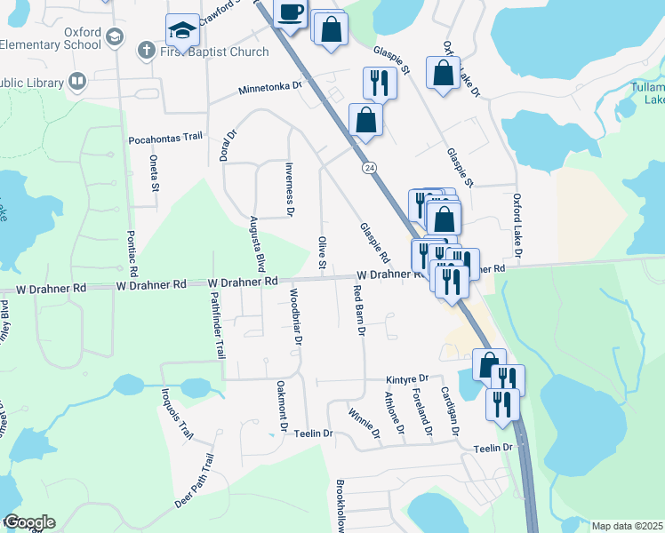 map of restaurants, bars, coffee shops, grocery stores, and more near 267 West Drahner Road in Oakland County