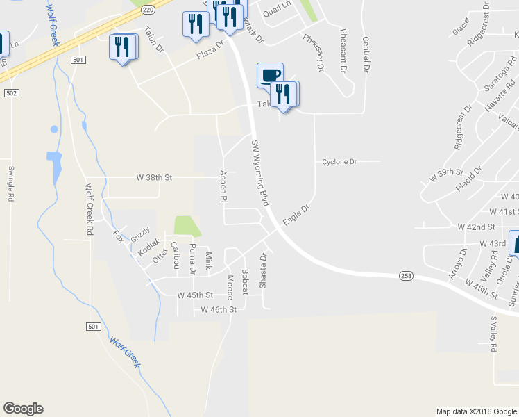 map of restaurants, bars, coffee shops, grocery stores, and more near 3831 Sweetbriar Street in Casper