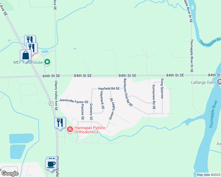 map of restaurants, bars, coffee shops, grocery stores, and more near 6650 Hayfield Road Southeast in Caledonia