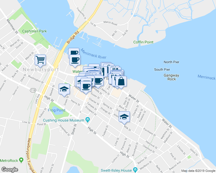 map of restaurants, bars, coffee shops, grocery stores, and more near 12 Fair Street in Newburyport