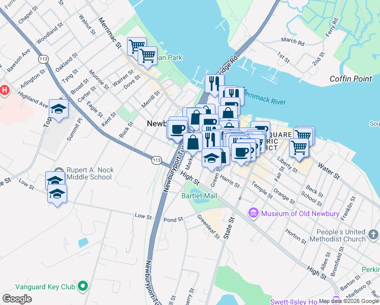 map of restaurants, bars, coffee shops, grocery stores, and more near 13 Market Street in Newburyport
