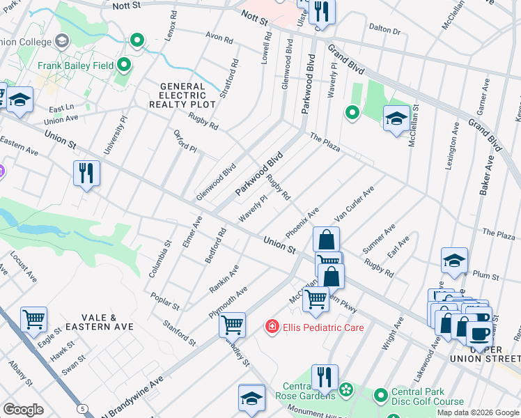 map of restaurants, bars, coffee shops, grocery stores, and more near 1075 Waverly Place in Schenectady