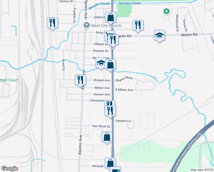 map of restaurants, bars, coffee shops, grocery stores, and more near 46 Pierce Street in Lackawanna