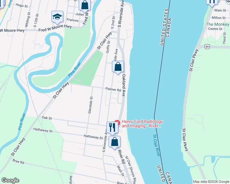 map of restaurants, bars, coffee shops, grocery stores, and more near 1504 South Riverside Avenue in Saint Clair