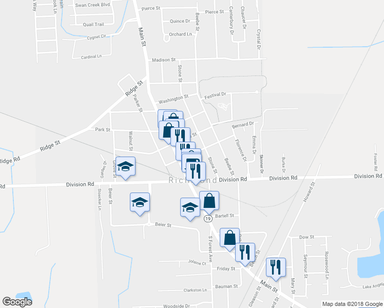 map of restaurants, bars, coffee shops, grocery stores, and more near 35707 Water Street in Richmond