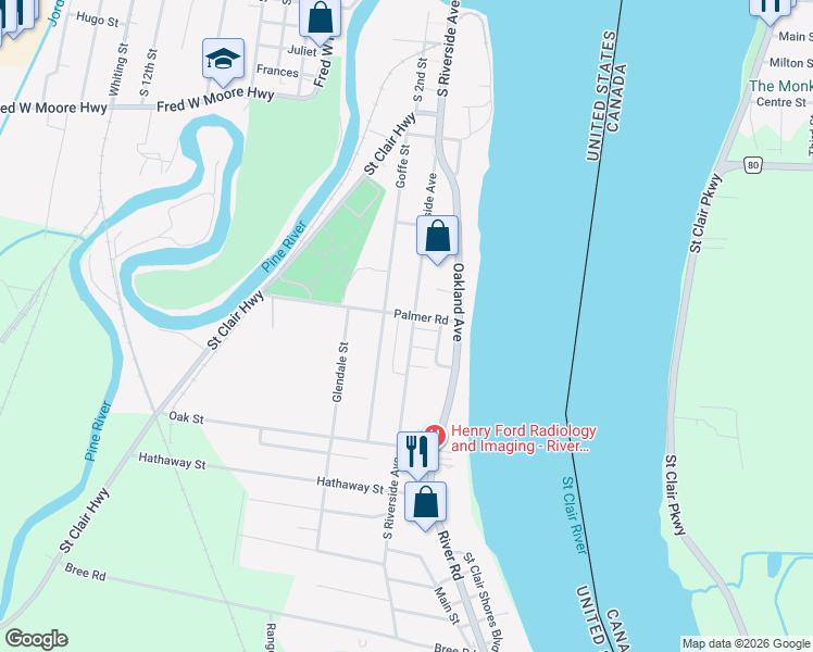 map of restaurants, bars, coffee shops, grocery stores, and more near 1504 South Riverside Avenue in Saint Clair