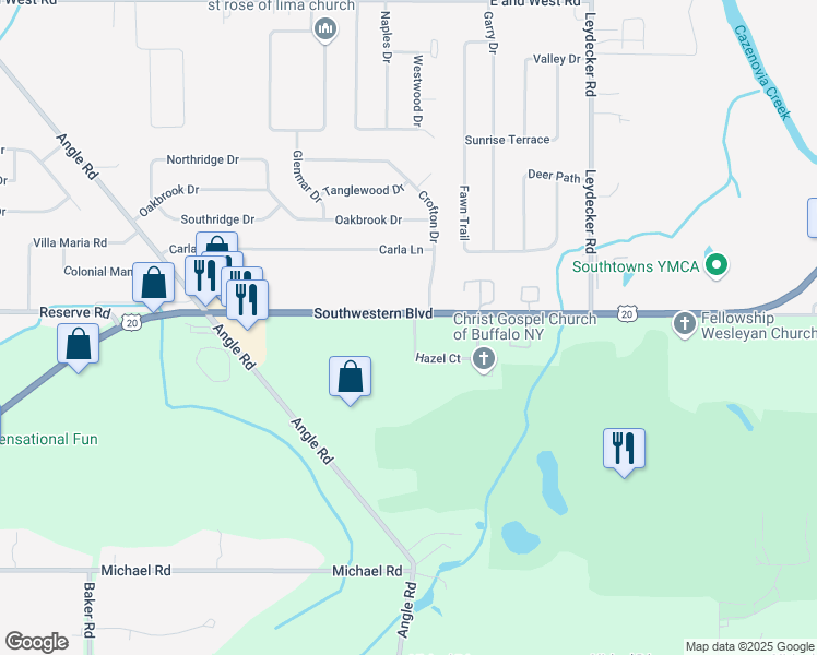 map of restaurants, bars, coffee shops, grocery stores, and more near 2280 Southwestern Boulevard in Buffalo