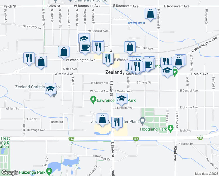 map of restaurants, bars, coffee shops, grocery stores, and more near 50 South State Street in Zeeland