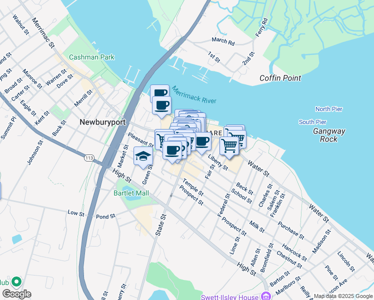 map of restaurants, bars, coffee shops, grocery stores, and more near 3 Merrimac Street in Newburyport