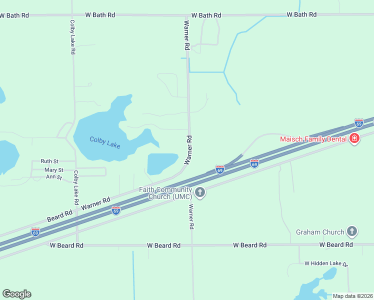 map of restaurants, bars, coffee shops, grocery stores, and more near 12774 Warner Road in Laingsburg