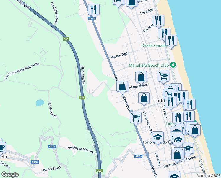 map of restaurants, bars, coffee shops, grocery stores, and more near 4 Via Vascello in Tortoreto Lido