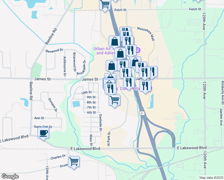 map of restaurants, bars, coffee shops, grocery stores, and more near 2337 North Park Drive in Holland