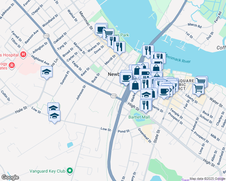 map of restaurants, bars, coffee shops, grocery stores, and more near 41 Washington Street in Newburyport