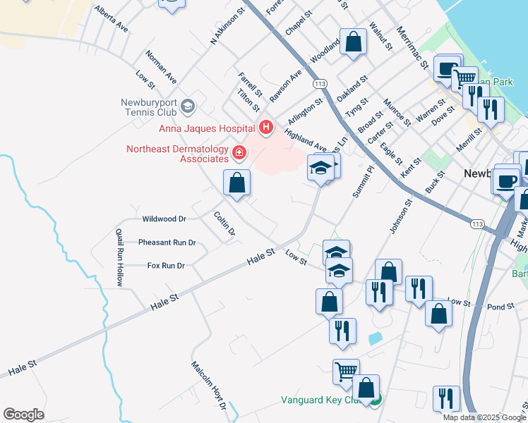 map of restaurants, bars, coffee shops, grocery stores, and more near 4 Wallace Bashaw Junior Way in Newburyport