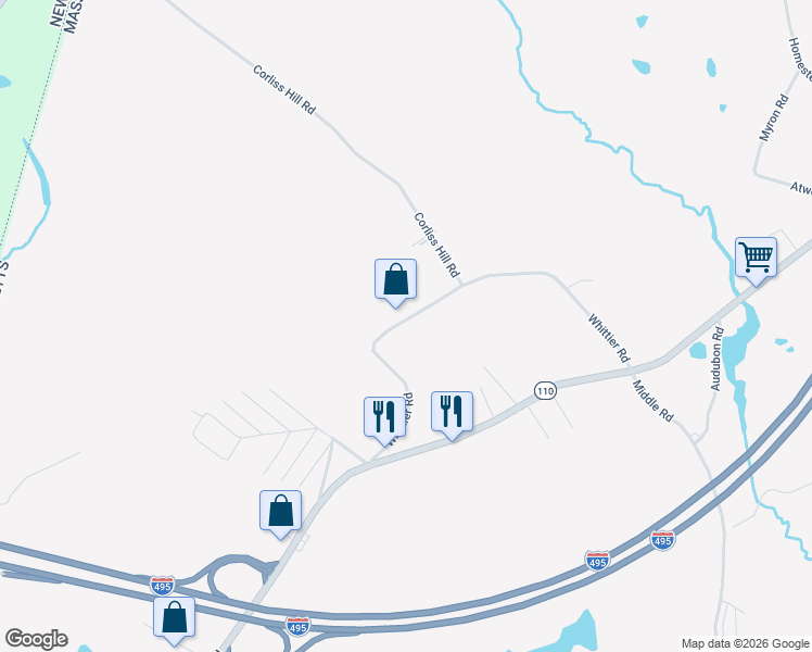 map of restaurants, bars, coffee shops, grocery stores, and more near 120 Whittier Road in Haverhill
